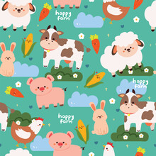 Seamless Pattern Cartoon Animal Farm. Cute Sheep, Cow, Pig, Chicken And Bunny