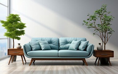 Stylish premium living room interior with comfortable blue sofa