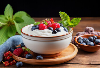 Wall Mural - Bowl with healthy  yogurt with fresh berries