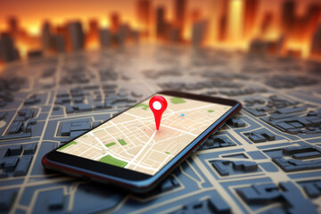 close up phone with gps map on display, blurred night city skyline background, Generative AI