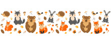 Seamless Border Of Cute Forest Animals And Plants. A Red Fox And A Squirrel, A Funny Bunny, A Bear, A Gray Wolf, A Prickly Hedgehog. Mushrooms, Twigs, Acorn, Autumn Leaves.
