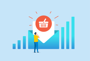 Poster - Email Marketing Campaign - abandoned cart recovery e-mail strategy concept. Interactive email letter with shopping cart icon. Reaching target audience with e-mail letter. Vector banner illustration