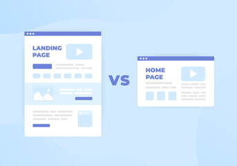 Landing Page vs Home Page concept. Difference between standalone lead generation landing web page, designed for specific marketing campaign and single home page focuses on introducing company