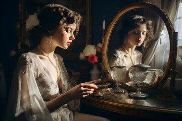 Sticker - A beautiful and intimate photo of a bride holding a mirror and applying lipstick, preparing for her special moment.