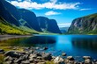 Discovering the Natural Wonders of Gros Morne National Park: Mountain, Lake, and Sea Landscape with Blue Skies and Natural Beauty in Norway: Generative AI