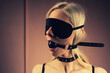 Sexy lady in bdsm outfit. Close-up girl in mask and collar with gag in mouth
