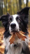 Beautiful Black Dog In The Autumn Forest, Generative AI.