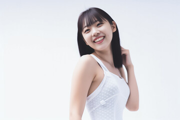 Wall Mural - A young and beautiful Asian girl lights up the frame with her enchanting smile, dressed in a crisp white vest, set against a clean and immaculate white background. generative AI.