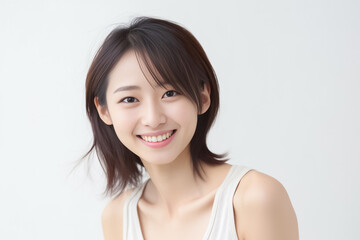 Wall Mural - A young and beautiful Asian girl lights up the frame with her enchanting smile, dressed in a crisp white vest, set against a clean and immaculate white background. generative AI.