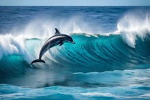Dolphins Jumping In The Blue Sea And Sea Waves Under The Blue Clouds And Sun Light 