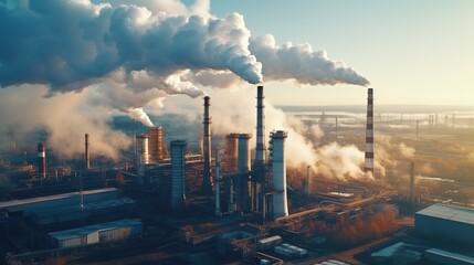 Poster - aerial view on pipes of chemical enterprise plant. Air pollution concept. Industrial landscape environmental pollution waste of thermal power plant with generative ai