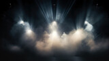 Fototapeta  - Stage light with colored spotlights and smoke. Concert and theatre dark scene AI