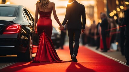 Wall Mural - Luxury couple in red evening dress walking on the red carpet
