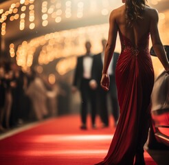 Wall Mural - Stylish Woman in Sexy Red Evening Dress Arriving to Award Ceremony Walking Red Carpet. Woman in a Luxurious Dress on a Red Carpet. Blurred Background with a Copy Space. Made With Generative AI.