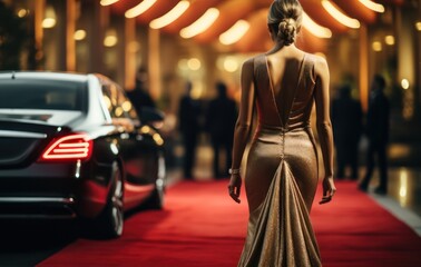 Wall Mural - Stylish Woman in Sexy Evening Dress Arriving to Award Ceremony Walking Red Carpet. Woman in a Luxurious Dress on a Red Carpet. Blurred Background with a Copy Space. Made With Generative AI.