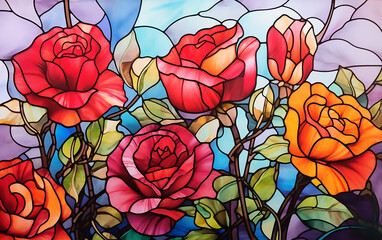 Wall Mural - Abstract colorful floral background with roses. Stained glass window. Generative AI technology