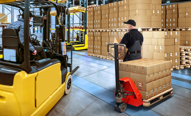 Poster - Warehouse business. Man works in logistics center. Boxes on pallets in industrial building. Pallet jack with parcels. Man operates forklift. Teamwork of warehouse employees. Distribution warehouse