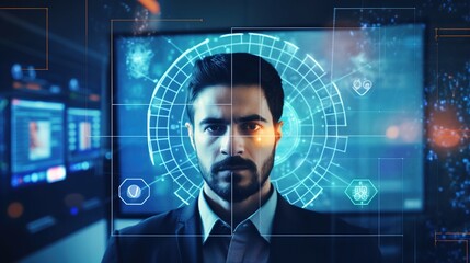 Poster - Facial recognition technology for industry worker to access machine control . Future concept interface showing digital biometric security system that analyze human face to verify with generative ai
