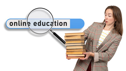 Poster - Online education. Woman with books. Distance learning. Magnifying glass over search bar. Adult woman is getting education. Dressed up girl with stack of books. Online education on internet