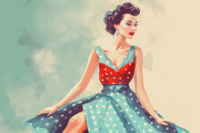 Attractive 60s Fashion Girl In Blue Dress With Polka Dots