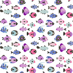 Wall Mural - Colorful fish pattern. Seamless print of marine animals swimming underwater exotic tropical fish. Vector background texture