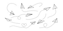 Vector Paper Airplane. Outline Flying Planes With Dotted Track Direction. Travel Or Message Symbol. Black Linear Paper Plane Icon