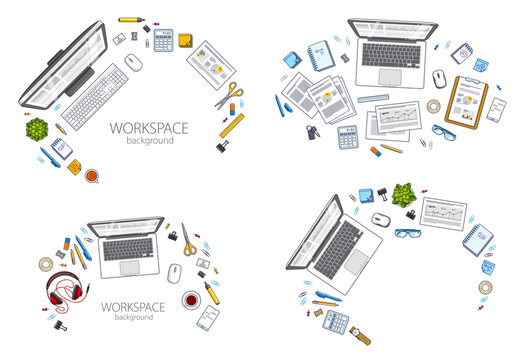 Work desks workspaces top view with PC or laptops and a lot of different stationery objects and analytics documents on tables, look above. All elements are easy to use separately. Vector set.