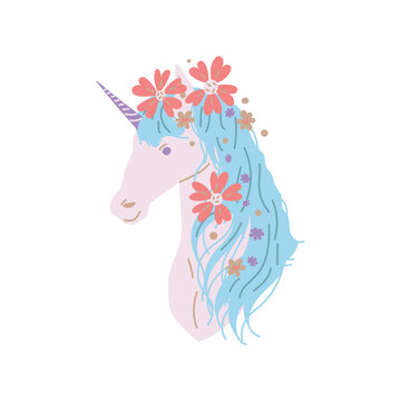 Wall Mural -  - Magical unicorn with flowers in blue mane, cartoon flat vector illustration isolated on white background.