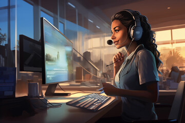 e - commerce customer support representative wearing a headset, in a bright, modern office, focused, typing on a keyboard, dual monitor setup, coffee cup in the foreground, soft ambient light