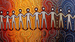 Silhouettes of people holding hands in the style of Australian traditional indigenous aboriginal dot painting