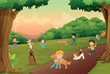 Children playing with Dogs in the park