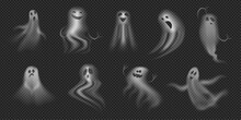 Halloween Ghosts And Apparitions Of Smoke With Blur. Vector Haunted House Spirits And Poltergeists, Phantoms And Supernatural Creatures With Screaming Faces. Horror And Fright