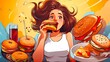 Binge Eating Disorder - Asian Woman Addictively Bites Fast Food Burger, Fried Chicken, Donuts and Desserts for Breakfast Concept. Generative AI