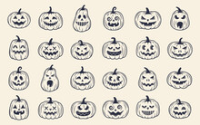 Halloween Pumpkins Icons Set. Set Of 24 Vintage Pumpkin Templates For Halloween Design. Funny Monsters Faces. Vector Illustration