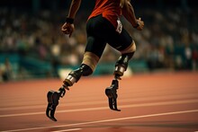 An Athlete Without Two Legs Runs At The Stadium Of The Paralympic Games