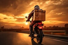 Parcel Delivery By Motorbike In The Evening