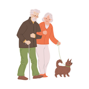 Wall Mural -  - Happy old man and woman walking with dog together flat style
