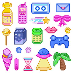 Poster - Pixel art 8-bit сute gaming clip art pack objects. Retro digital game assets. Set of Pink fashion icons. Vintage video game. Arcade Computer video