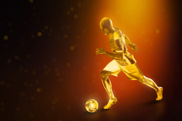 Wall Mural - Golden soccer player run on dark background