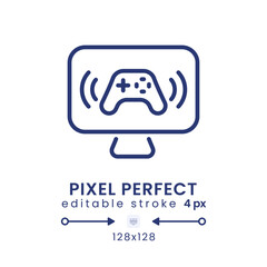 Sticker - Gaming streaming linear desktop icon. Esports tournaments. Network broadcast. Pixel perfect 128x128, outline 4px. GUI, UX design. Isolated user interface element for website. Editable stroke