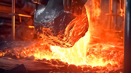 Wall Mural - Molten hot steel is pouring - Industrial metallurgy. Metallurgical factory, foundry cast, heavy industry background.
 