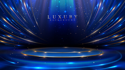 Wall Mural - empty podium golden on blue background with light neon effects with bokeh decorations. luxury scene 