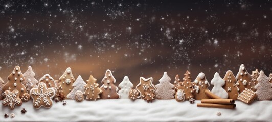 Christmas food bakery bake baking photography background - Closeup of many gingerbread cookies, with white icing decoration on table with snow (Generative Ai)