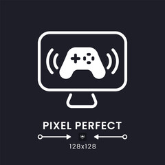 Sticker - Gaming streaming white solid desktop icon. Esports tournaments. Network broadcast. Pixel perfect 128x128, outline 4px. Silhouette symbol for dark mode. Glyph pictogram. Vector isolated image