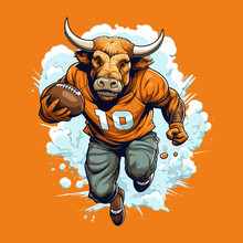 Cartoon Drawing Of A Bull In An Orange Uniform, An American Football Player