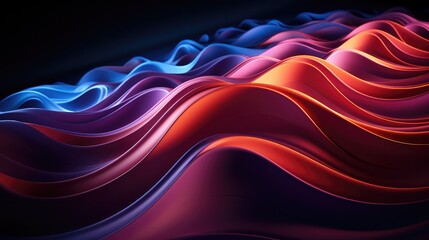 Poster - Abstract minimal neon background with glowing wavy line with Dark wall illuminated with led light.