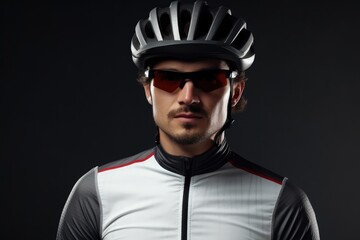 Wall Mural - Portrait of cyclist wearing helmet on black background.