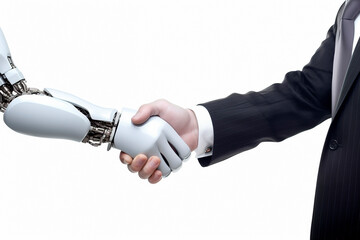 business handshake between robot and human partners or friends. isolated on white background