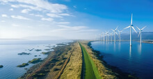 Windmill Park In The Ocean Aerial View With Wind Turbine, Renewable Energy Eco.