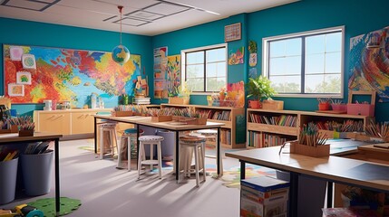 bright vibrant classroom with inspirational posters, educational materials on the walls, back to sch